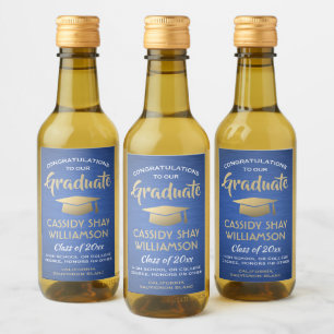 Étiquettes Pour Bouteilles De Vin Fête de Graduation Brossé Bleu Or et Blanc Mini