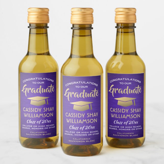 Étiquettes Pour Bouteilles De Vin Fête de Graduation Brossé Purple Gold & White Mini (Bouteilles)