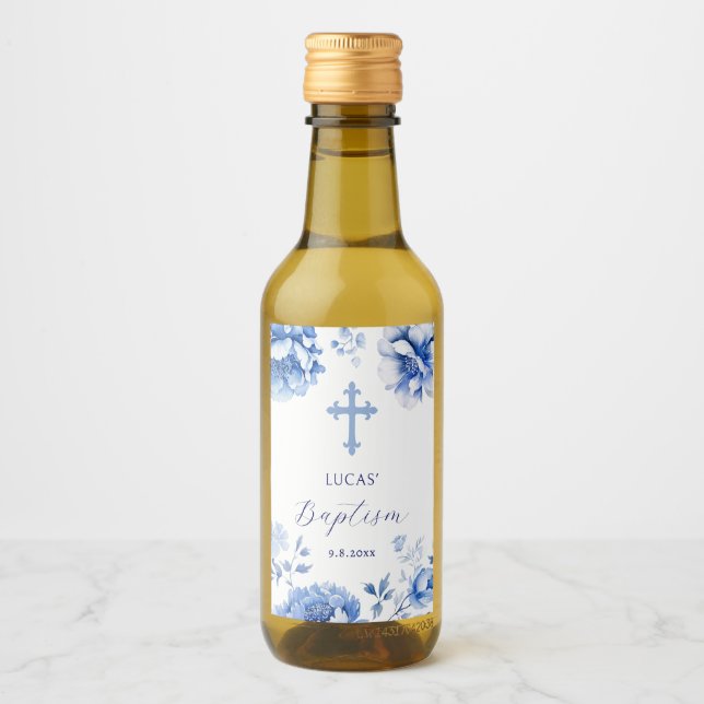 Étiquettes Pour Bouteilles De Vin Fleurs Bleues Baptême (Devant)