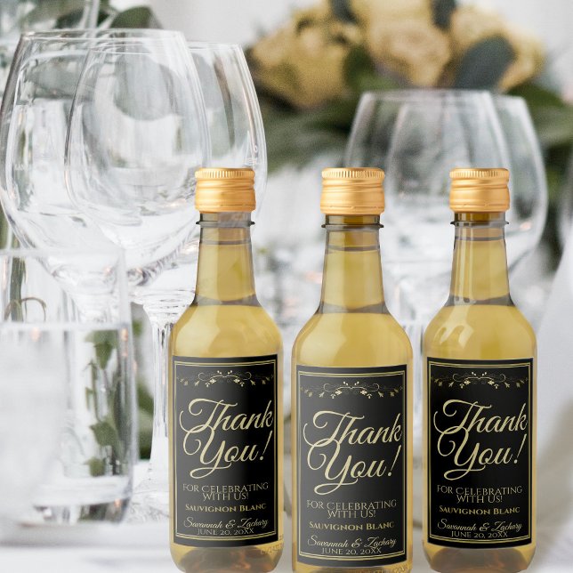 Étiquettes Pour Bouteilles De Vin Gold sur Mariage noir Mini Merci bouteille à vin (Créateur téléchargé)
