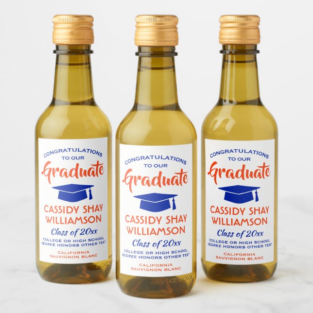 Étiquettes Pour Bouteilles De Vin Graduation Congrats Moderne Orange et Blue Mini (Bouteilles)