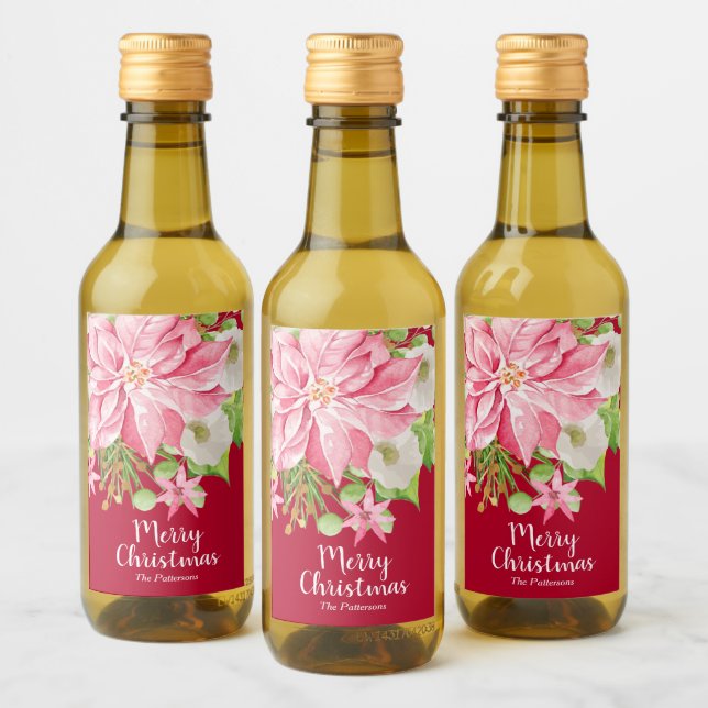 Étiquettes Pour Bouteilles De Vin Joyeux Noël Floral Poinsettia Vacances Mini (Bouteilles)