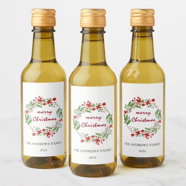 Étiquettes Pour Bouteilles De Vin Joyeux Noël Vert vert Rouge Wreath Mini (Bouteilles)