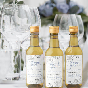 Étiquettes Pour Bouteilles De Vin Lacy Silver & Blue sur le Merci Mariage blanc Mini