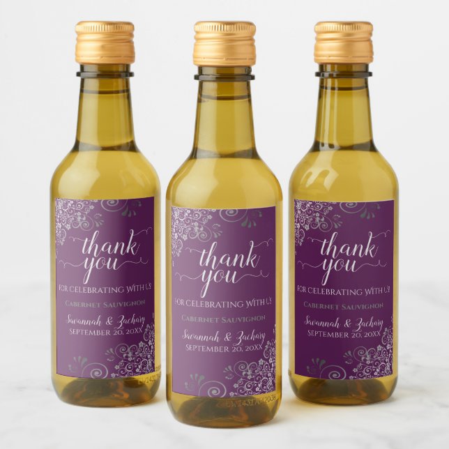 Étiquettes Pour Bouteilles De Vin Lacy Silver sur Plum Purple Mariage Merci Mini (Bouteilles)