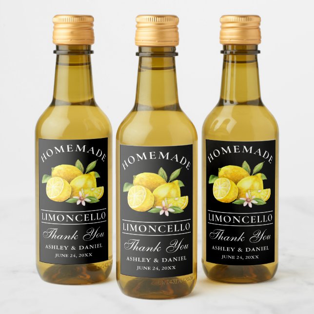 Étiquettes Pour Bouteilles De Vin Limoncello Lemons Merci Black Mini Bottle Étiquett (Bouteilles)