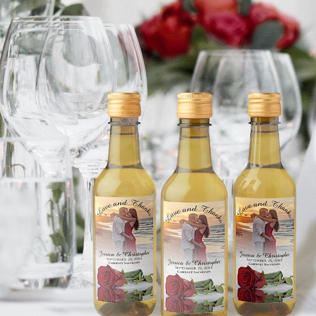 Étiquettes Pour Bouteilles De Vin Love & Thanks Photo & Red Rose Mariage Mini (Créateur téléchargé)