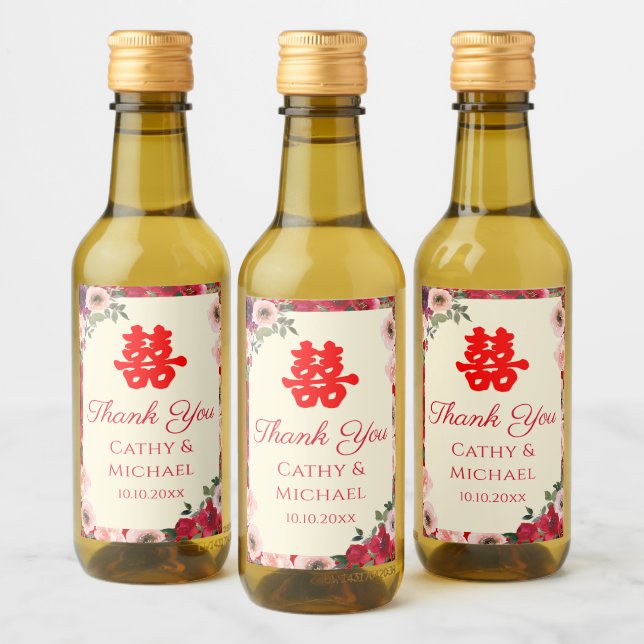 Étiquettes Pour Bouteilles De Vin Mariage chinois rouge jardin fleuri double bonheur (Bouteilles)