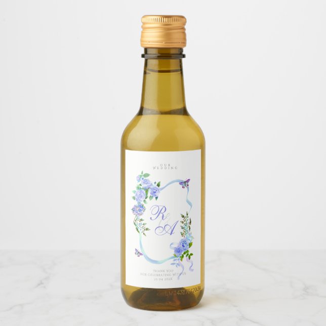 Étiquettes Pour Bouteilles De Vin Mariage Monogramme Ruban Bleu  (Devant)