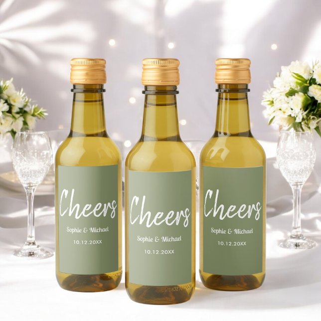 Étiquettes Pour Bouteilles De Vin Mariage vert Sage Cheers Minimal (Créateur téléchargé)