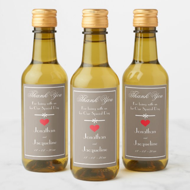 Étiquettes Pour Bouteilles De Vin Merci Stone-Beige Rouge Cœur Blanc Script Mini (Bouteilles)