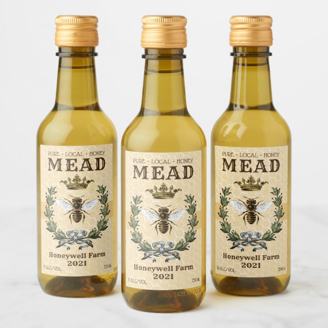 Étiquettes Pour Bouteilles De Vin Miel Mead Bee et Couronne (Bouteilles)