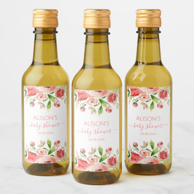 Étiquettes Pour Bouteilles De Vin Mini Fleurs de Rose Rose Fleurie Fille Baby Shower (Bouteilles)