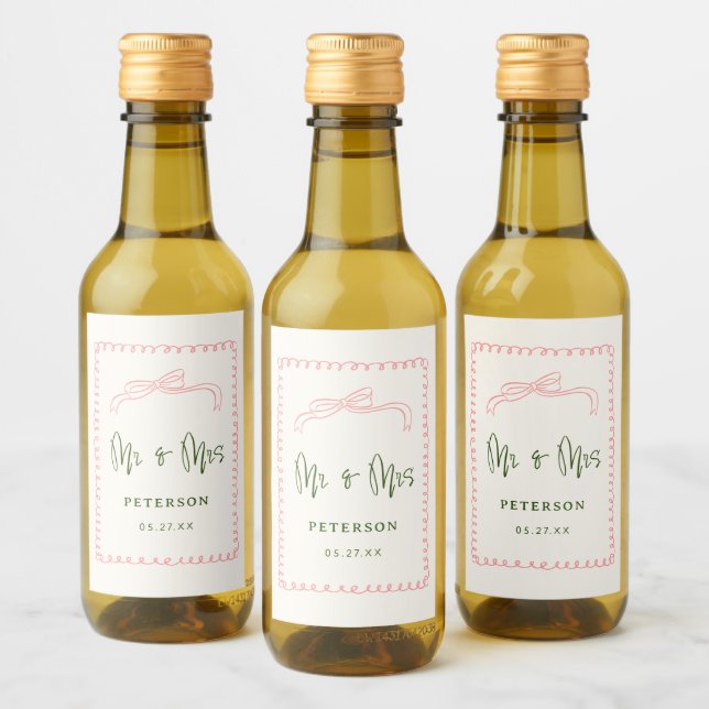 Étiquettes Pour Bouteilles De Vin Monogramme de mariage Mr & Mrs rose et vert frança (Bouteilles)