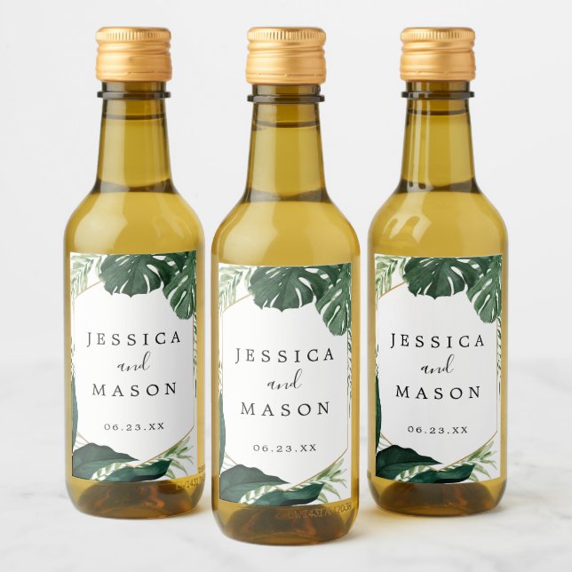 Étiquettes Pour Bouteilles De Vin Monstera Tropical Mariage Mini Étiquettes de vin (Bouteilles)
