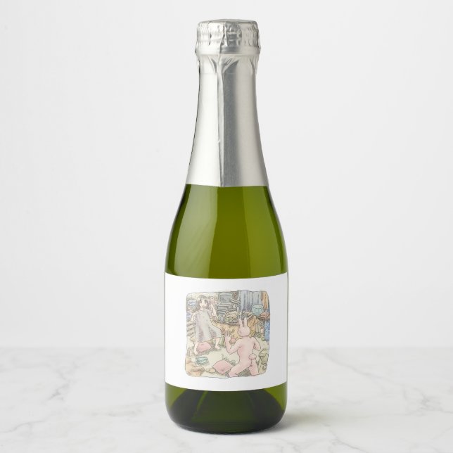 ÉTIQUETTES POUR BOUTEILLES DE VIN MOUSSEUX さなしごじ　炬燵のある散らかったお部屋でピンクのウサギと戦う素足の女性のイラスト (Devant)