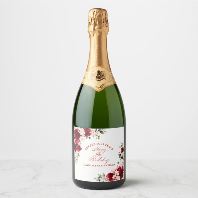 Étiquettes Pour Bouteilles De Vin Mousseux 19e fête d'anniversaire Rouge rose floral personna (Devant)