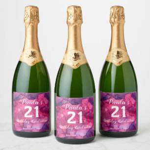 Étiquettes Pour Bouteilles De Vin Mousseux 21e anniversaire Aquarelle rose à noir brillant W