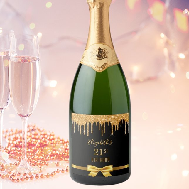 Étiquettes Pour Bouteilles De Vin Mousseux 21e anniversaire fête d'or noir parties scintillan (Créateur téléchargé)