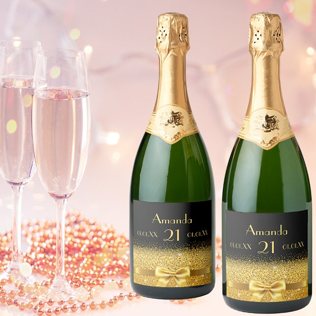 Étiquettes Pour Bouteilles De Vin Mousseux 21e anniversaire fête noir or nom chic (Créateur téléchargé)