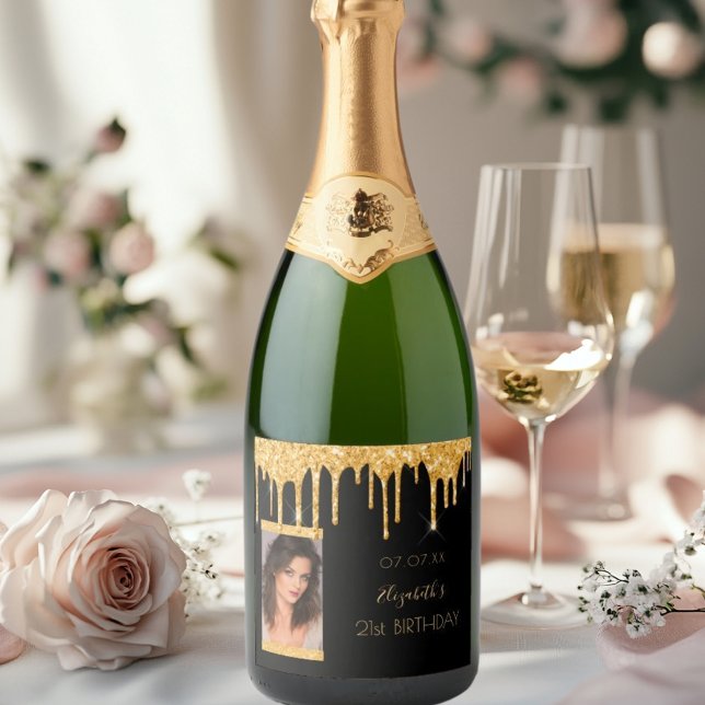 Étiquettes Pour Bouteilles De Vin Mousseux 21e anniversaire photo noir or parties scintillant (Créateur téléchargé)