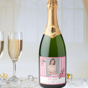 Étiquettes Pour Bouteilles De Vin Mousseux 21e anniversaire rose blanc rayures photo florale
