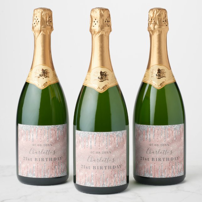 Étiquettes Pour Bouteilles De Vin Mousseux 21e anniversaire rose gouttes d'or argent (Bouteilles)