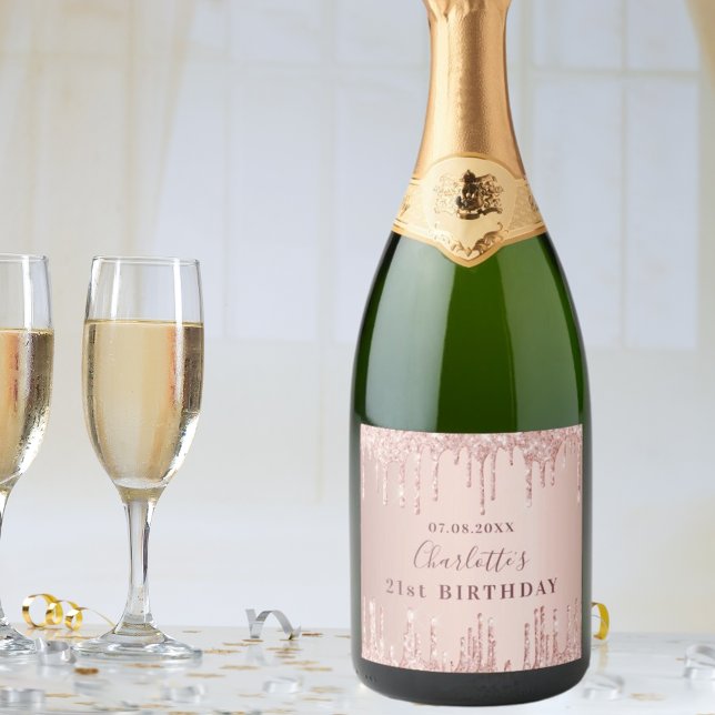 Étiquettes Pour Bouteilles De Vin Mousseux 21e anniversaire rose or parties scintillant monog (Créateur téléchargé)