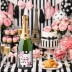 Étiquettes Pour Bouteilles De Vin Mousseux 21e anniversaire rose roses noir blanc rayures