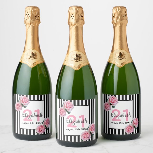 Étiquettes Pour Bouteilles De Vin Mousseux 21e anniversaire rose roses noir blanc rayures (Bouteilles)