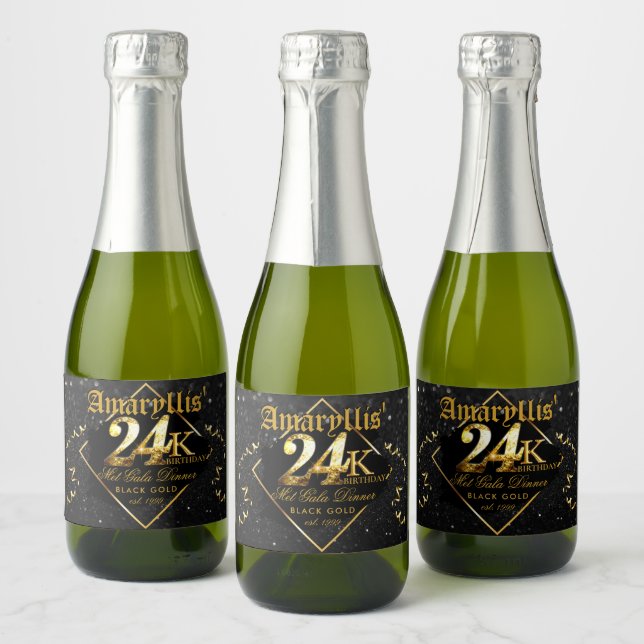 Étiquettes Pour Bouteilles De Vin Mousseux 24K Black & Gold Luxe 24e anniversaire Elégant (Bouteilles)