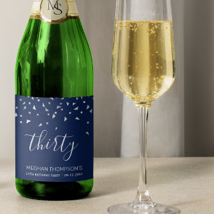 Étiquettes Pour Bouteilles De Vin Mousseux 30e anniversaire élégant bleu marine argent confet