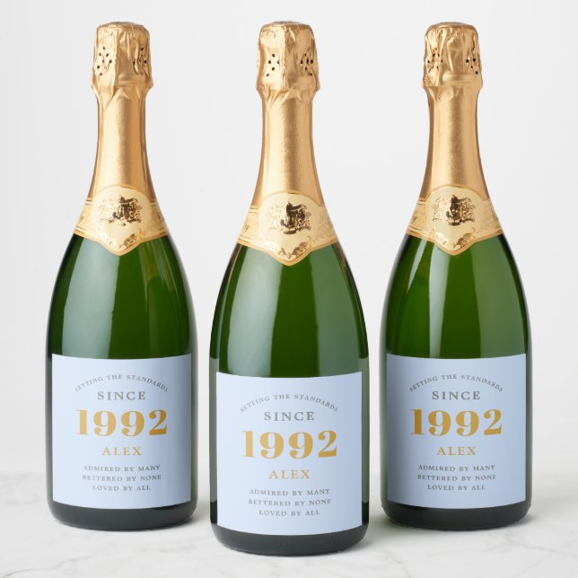 Étiquettes Pour Bouteilles De Vin Mousseux 30e anniversaire Nom 1992 Blue Grey Elegant Chic (Bouteilles)