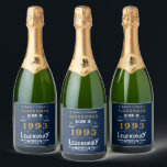 Étiquettes Pour Bouteilles De Vin Mousseux 30th Birthday 1993 Ajouter Votre Nom Blue Gold Leg<br><div class="desc">Personnalisé ajoutez votre nom étiquettes de bouteille de vin mousseux anniversaire. Modifiez le nom et l'année avec le modèle fourni. Une merveilleuse idée d'anniversaire bleue personnalisée. Plus de cadeaux et de fournitures de fête disponibles avec le design "légendaire" dans le magasin.</div>