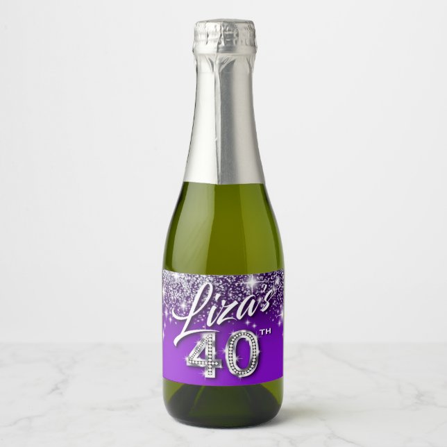 Étiquettes Pour Bouteilles De Vin Mousseux 40e anniversaire de Liza Parties scintillant d'arg (Devant)