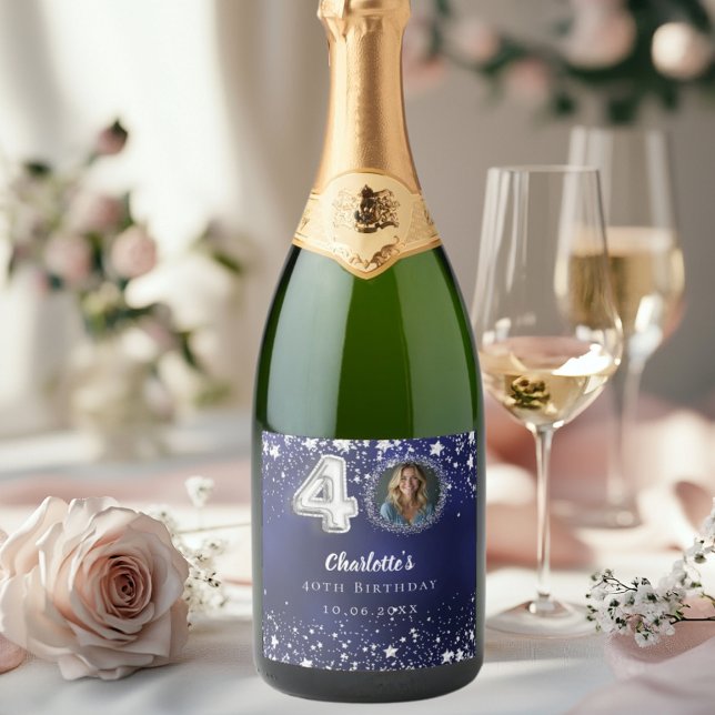 Étiquettes Pour Bouteilles De Vin Mousseux 40e anniversaire marine bleu argent étoiles photo (Créateur téléchargé)