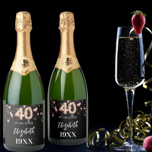 Étiquettes Pour Bouteilles De Vin Mousseux 40e anniversaire noir rose étoiles d'or