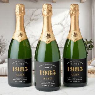 Étiquettes Pour Bouteilles De Vin Mousseux 40e anniversaire Nom 1985 Black Gold Elegant Chic