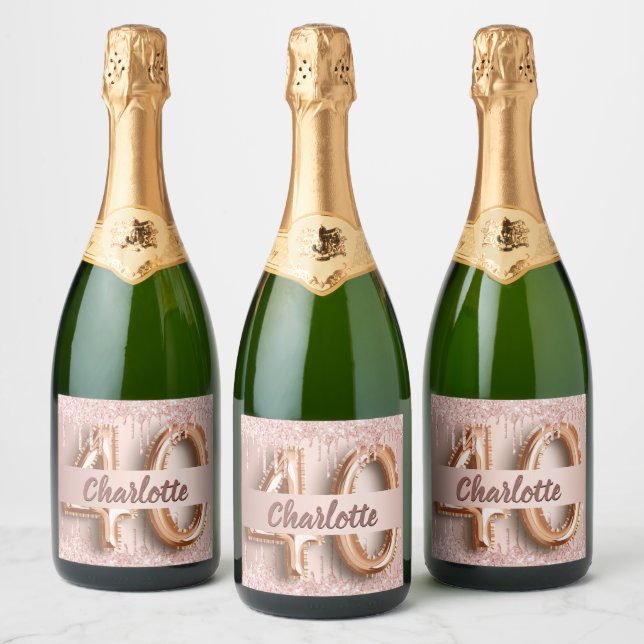 Étiquettes Pour Bouteilles De Vin Mousseux 40e anniversaire rose or parties scintillant monog (Bouteilles)