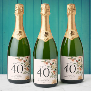 Étiquettes Pour Bouteilles De Vin Mousseux 40e anniversaire Vintage Floral Sparkling Étiquett