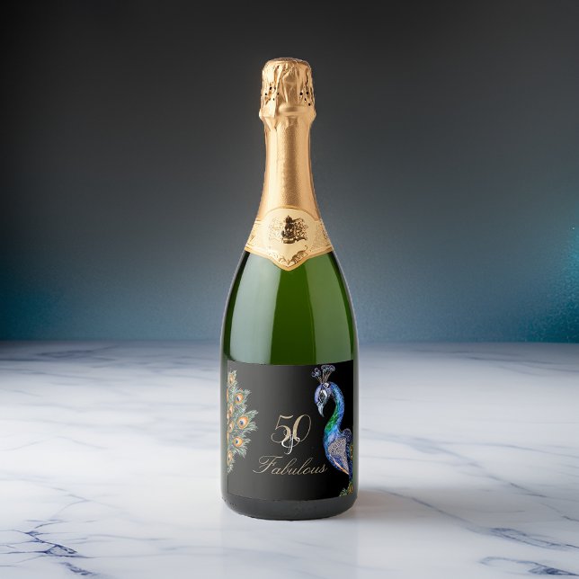 Étiquettes Pour Bouteilles De Vin Mousseux 50 & Fabuleux Elegant Aquarelle Peacock Anniversai (Créateur téléchargé)