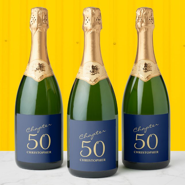 Étiquettes Pour Bouteilles De Vin Mousseux 50e anniversaire Blue Gold Chapitre 50 (Personalized 50th birthday sparkling wine / champagne labels to add that special touch to the party.)
