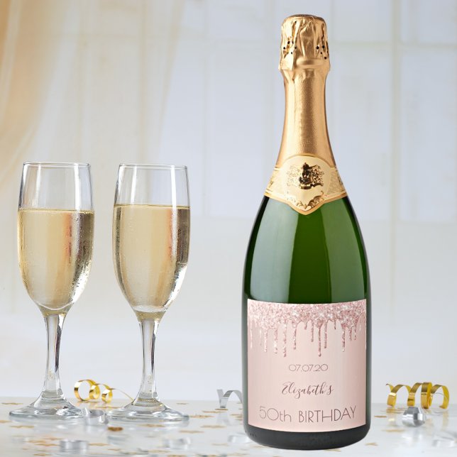 Étiquettes Pour Bouteilles De Vin Mousseux 50e anniversaire blush rose or parties scintillant (Créateur téléchargé)