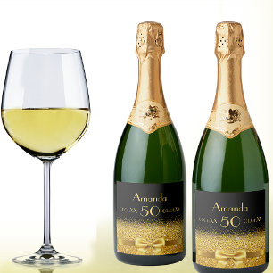 Étiquettes Pour Bouteilles De Vin Mousseux 50e anniversaire fête noir or nom chic