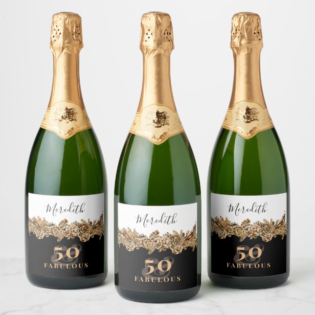 Étiquettes Pour Bouteilles De Vin Mousseux 50e anniversaire Luxe Golden Flowers élégant Class (Bouteilles)