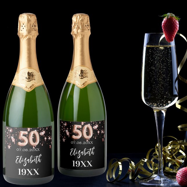 Étiquettes Pour Bouteilles De Vin Mousseux 50e anniversaire noir rose étoiles d'or (Créateur téléchargé)