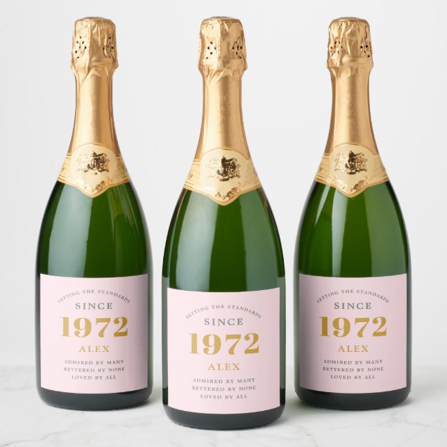 Étiquettes Pour Bouteilles De Vin Mousseux 50e anniversaire Nom 1972 Rose Grey Elegant Chic (Bouteilles)