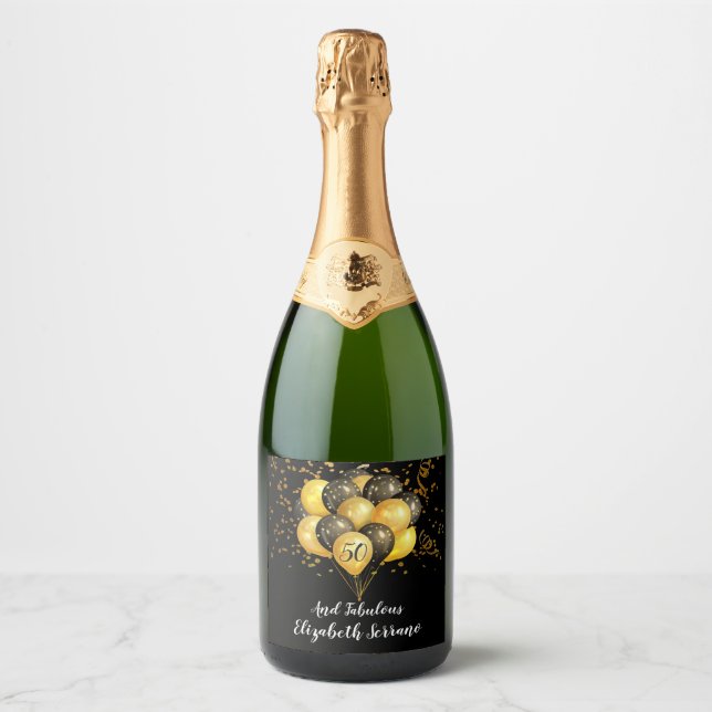 Étiquettes Pour Bouteilles De Vin Mousseux 50e Anniversaire Or Et Noir Confetti Et Ballons (Devant)