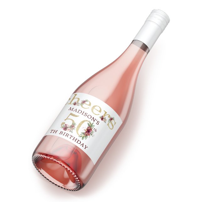 Étiquettes Pour Bouteilles De Vin Mousseux 50e anniversaire Personnalisé Gold Floral (Créateur téléchargé)