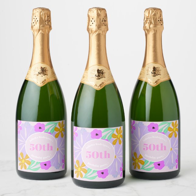Étiquettes Pour Bouteilles De Vin Mousseux 50th birthday floral cute romantic pink  (Bouteilles)